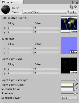 Material Inspector for the Planet shader